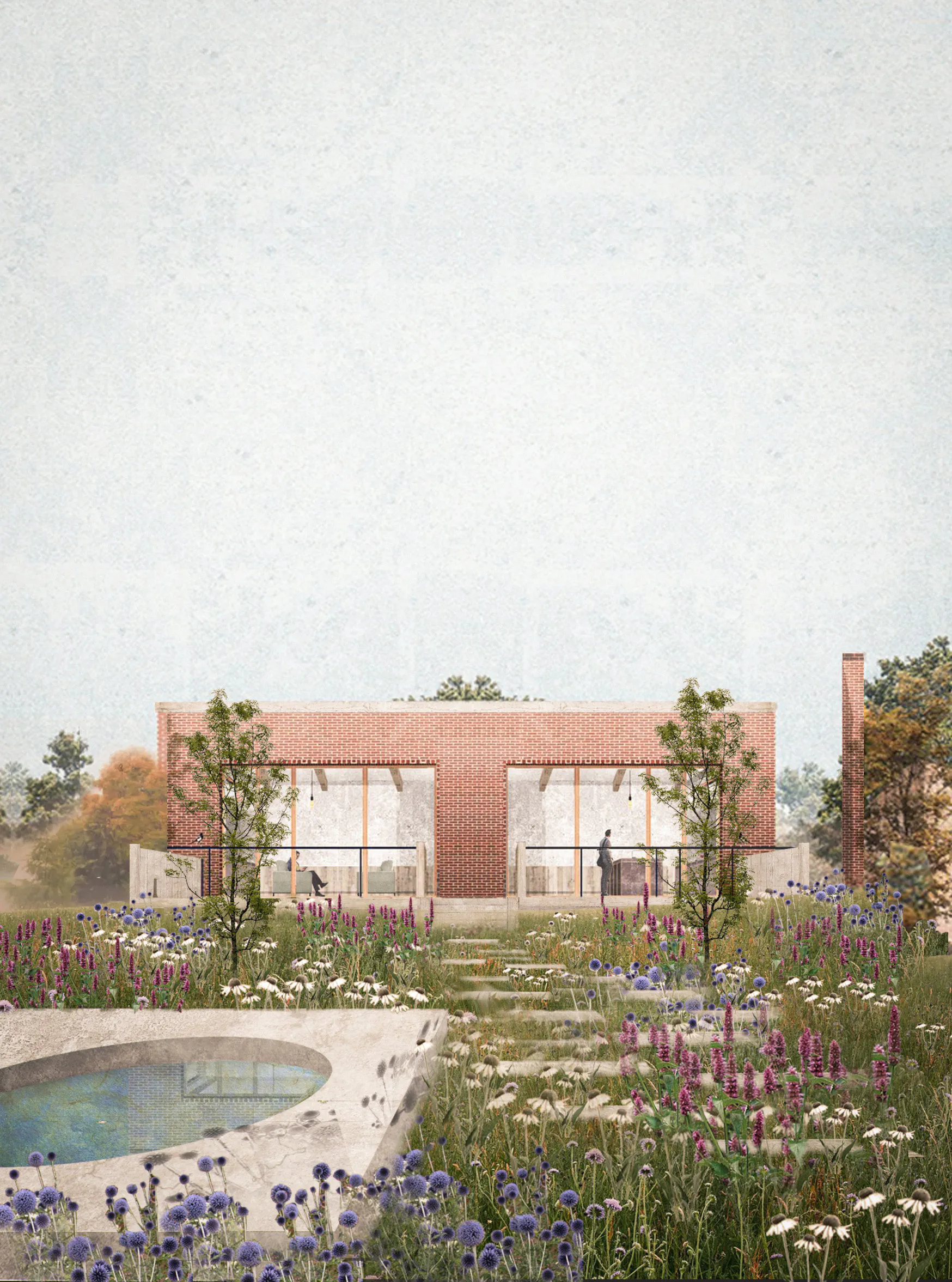 Visualisation of the Meadow Grass garden — meadow planting, stepping stones and a round pool in front of a red-brick house with glazed bays