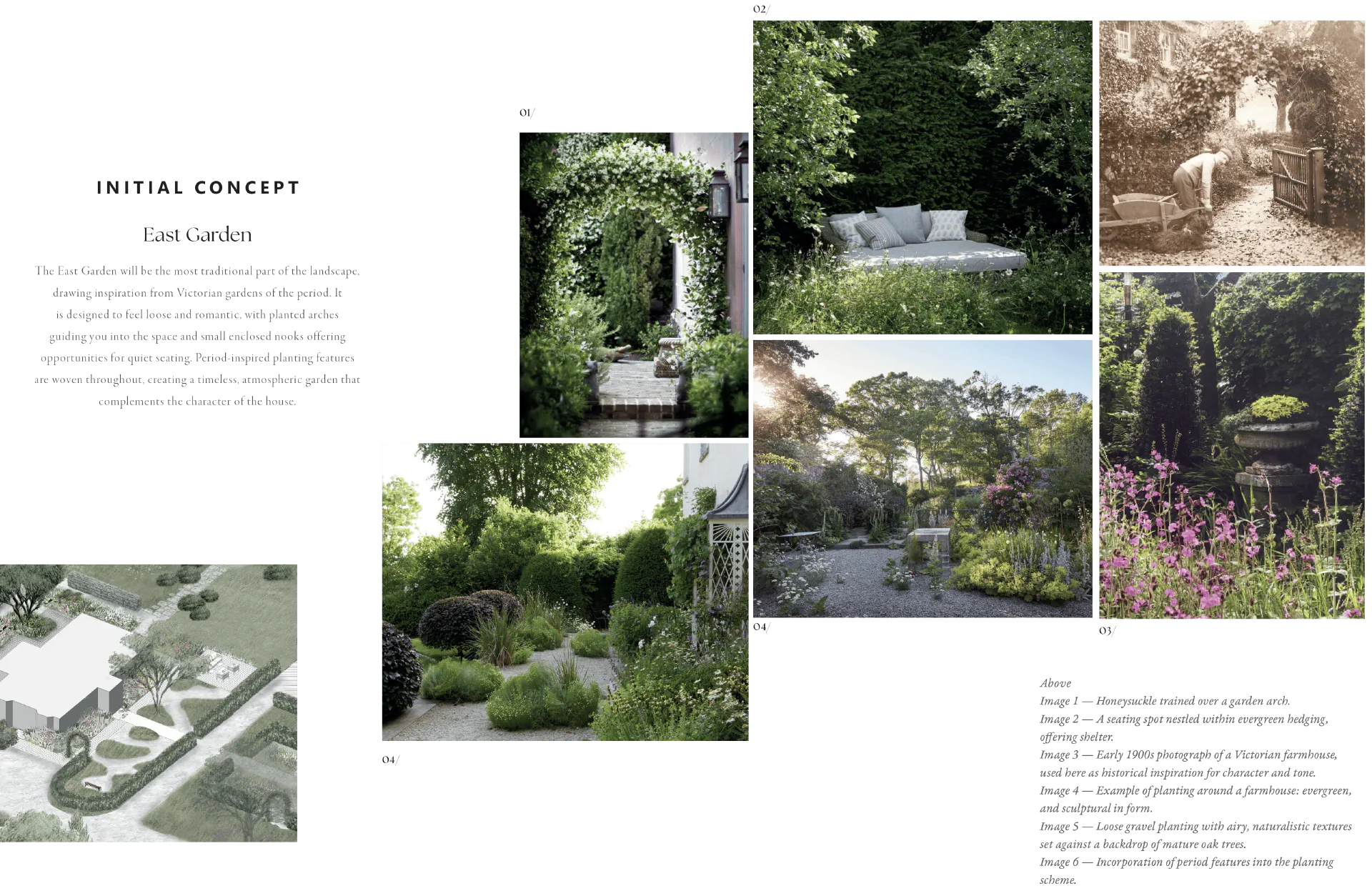 Initial concept board for the East Garden: an arch, a daybed, planting around a stone urn and Victorian reference photographs