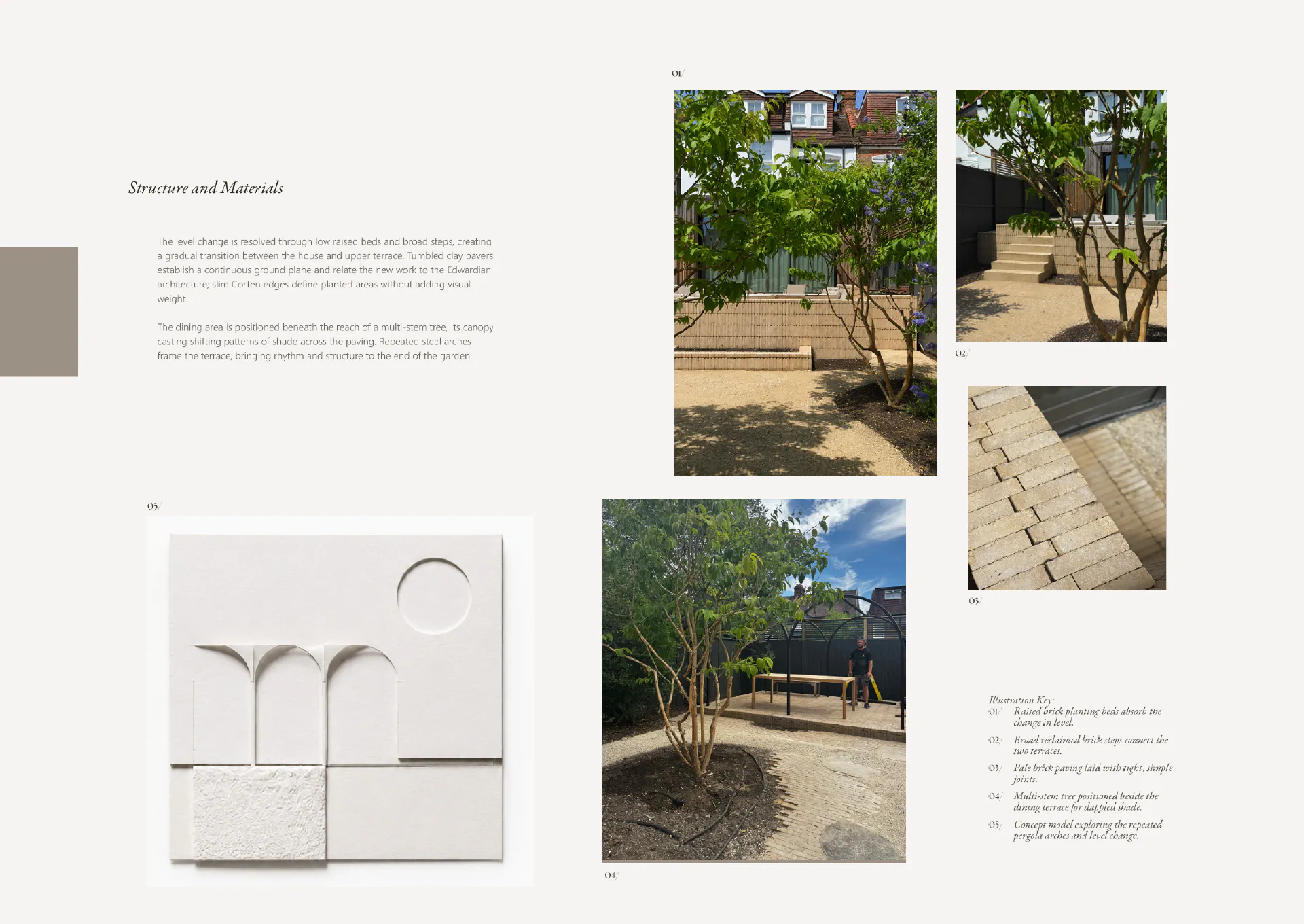 Design board on structure and materials: photographs of brick steps and terraces, a plaster arch model and brick paving