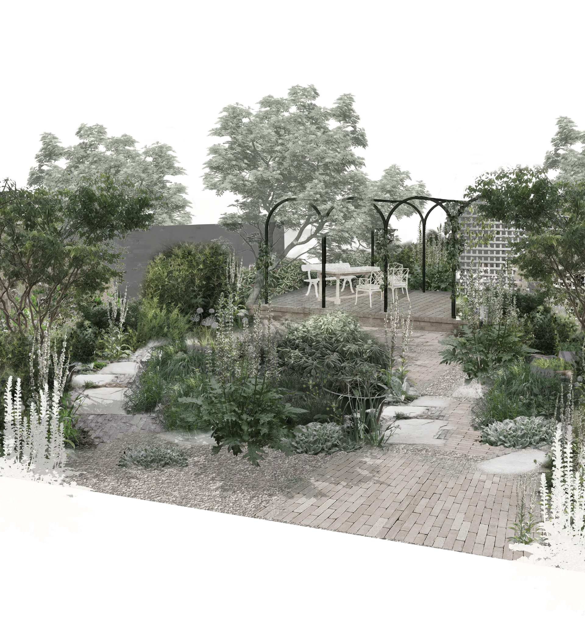 Visualisation of the Wimbledon Garden — reclaimed-brick paths and stepping stones through planting to a dining terrace under black metal arches